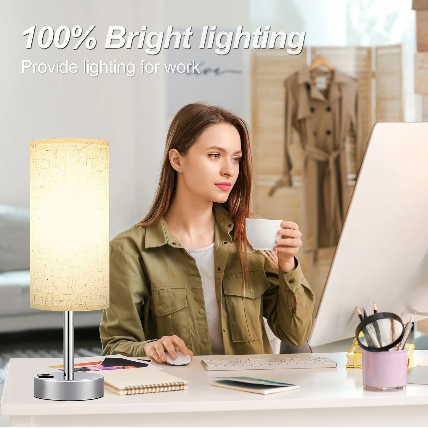 15.4" Table Lamp, 3 Way Dimmable Light Touch Lamp, USB C&A Fast Charging Ports, Fabric Shade Silver Base, for Bedroom, Living Room, Office