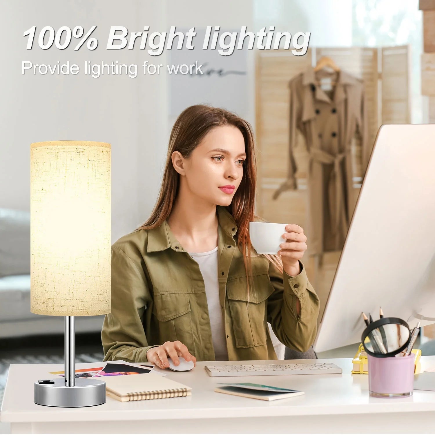 15.4" Table Lamp, 3 Way Dimmable Light Touch Lamp, USB C&A Fast Charging Ports, Fabric Shade Silver Base, for Bedroom, Living Room, Office