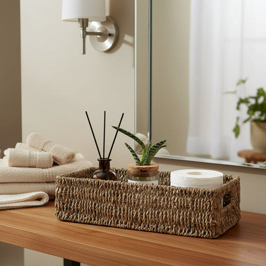 Seagrass Baskets with Built-In Handles, Bathroom Decor Box for Toilet Tank Top, 14 ¼"L X 6 ½"W X 3 ¾"H