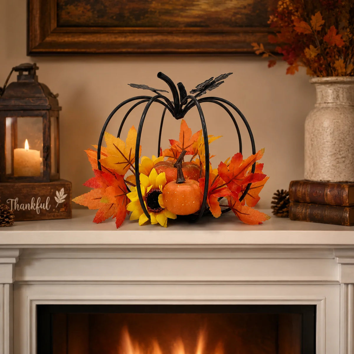 Black Iron Art Pumpkin Decoration Autumn Harvest Theme Desktop Decorations with Simulation Maple Leaf Sunflower Pumpkin for Than
