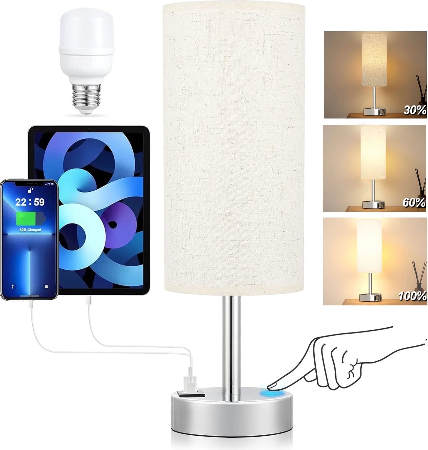 15.4" Table Lamp, 3 Way Dimmable Light Touch Lamp, USB C&A Fast Charging Ports, Fabric Shade Silver Base, for Bedroom, Living Room, Office
