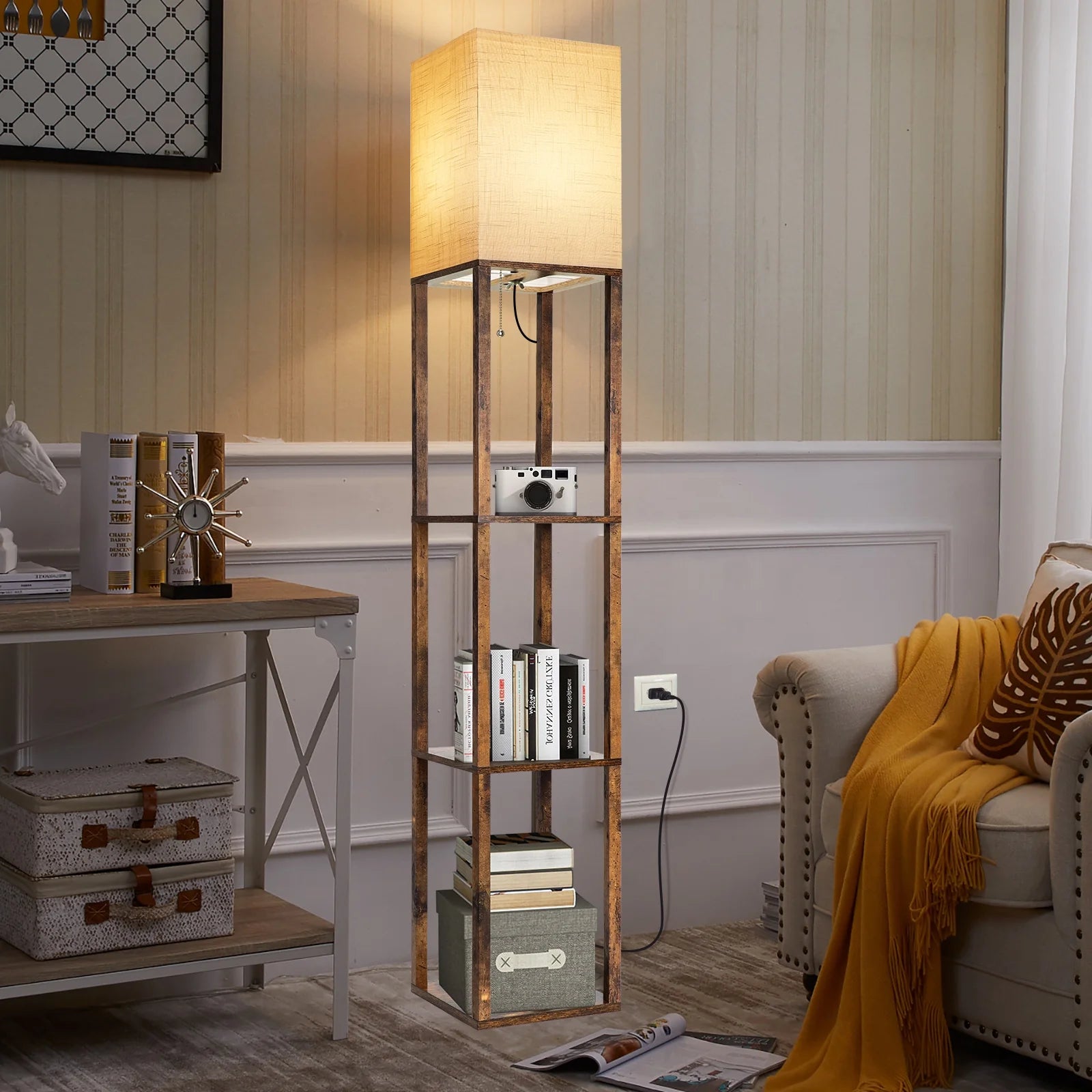 Floor Lamp with Shelves, Modern Dimmable Solid Wood Standing Lamp for Living Room and Bedroom