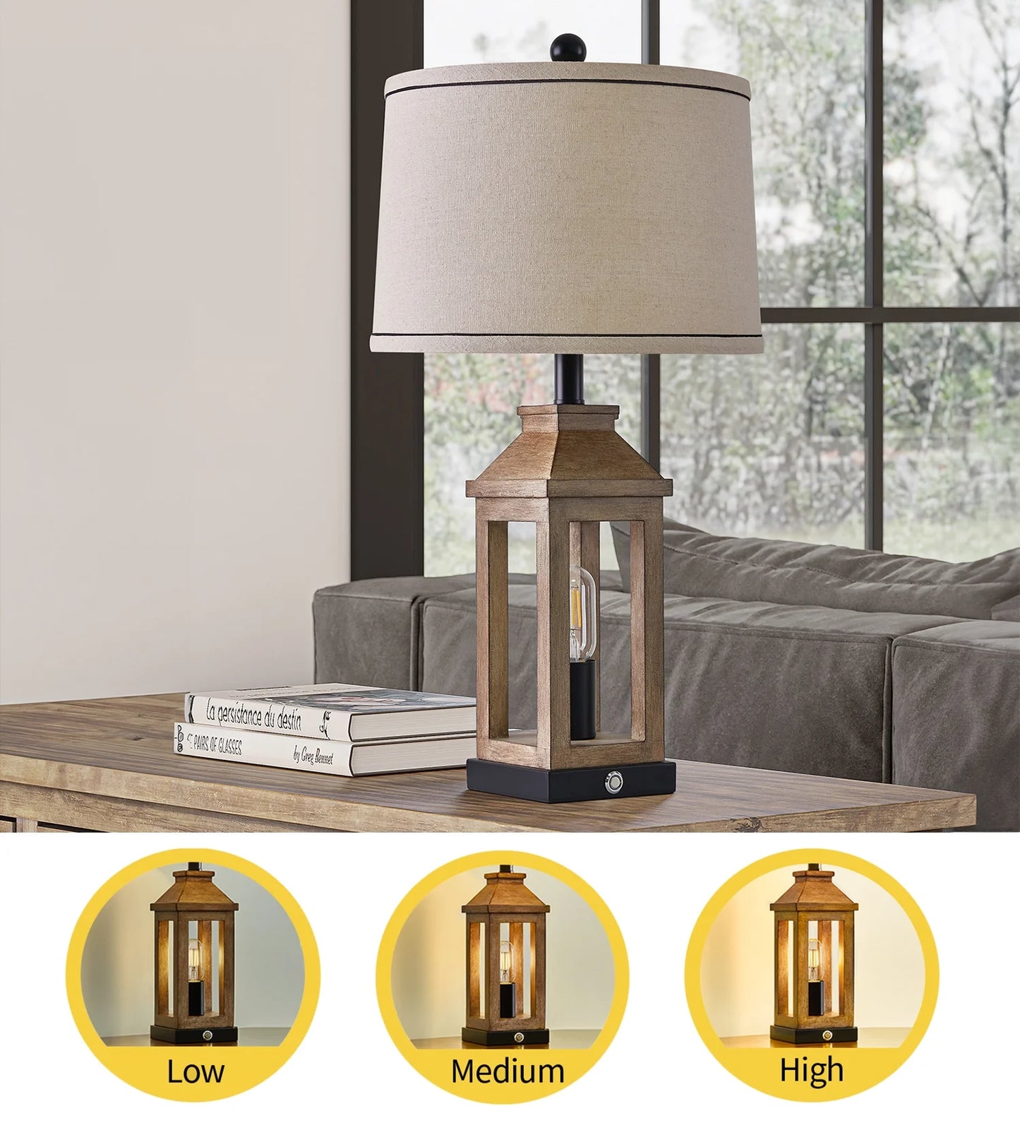 3 Way Dimmable Table Lamp with USB A+C Ports for Bedroom Living Room 23.75" Vintage Farmhouse Nightstand Bedside Lamps Resin (2 Bulbs Included)