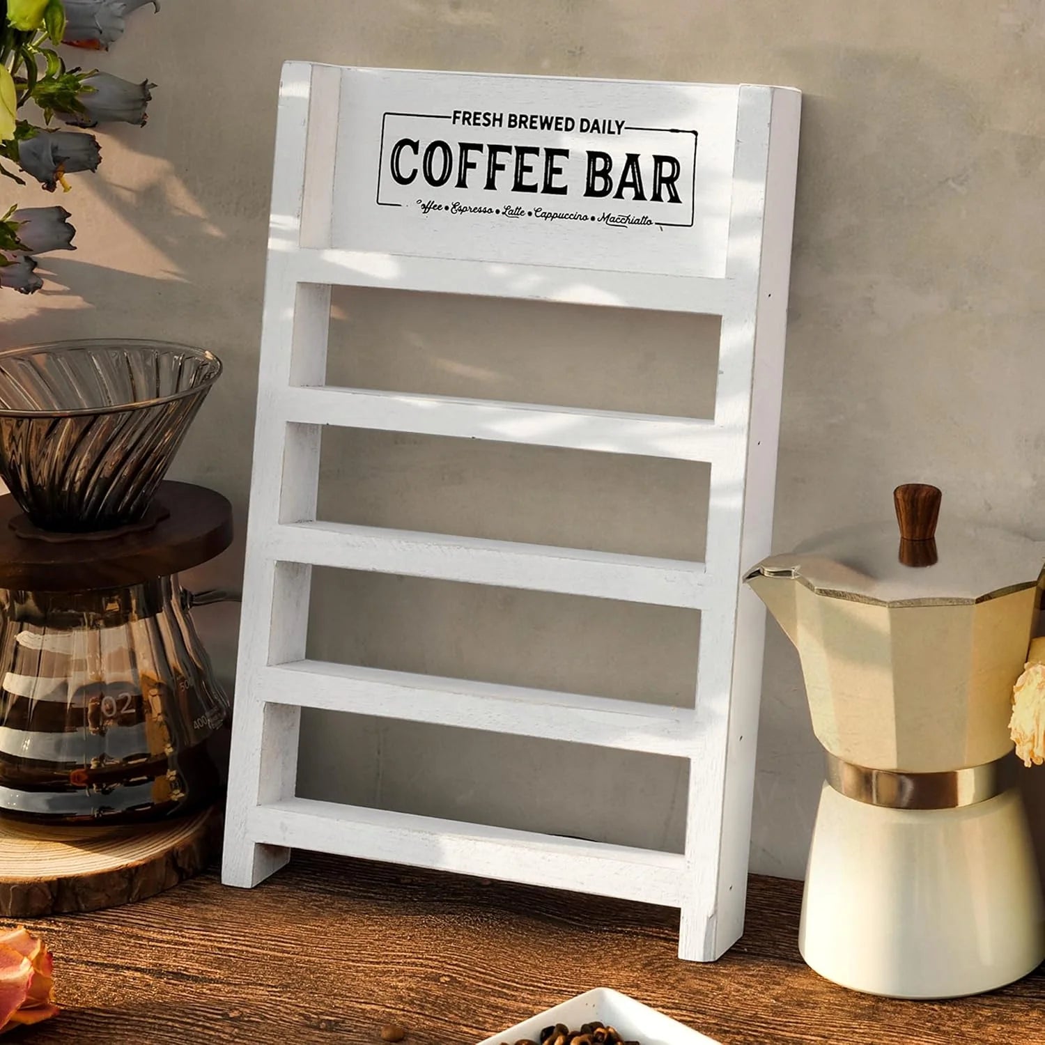K Cup Holder, Farmhouse Coffee Pod Holder, Wooden Coffee Pod Ladder for Counter, Rustic Kcup Storage Organizer for Home Kitchen Coffee Bar Table Decor (White, Leafy Coffee Bar)