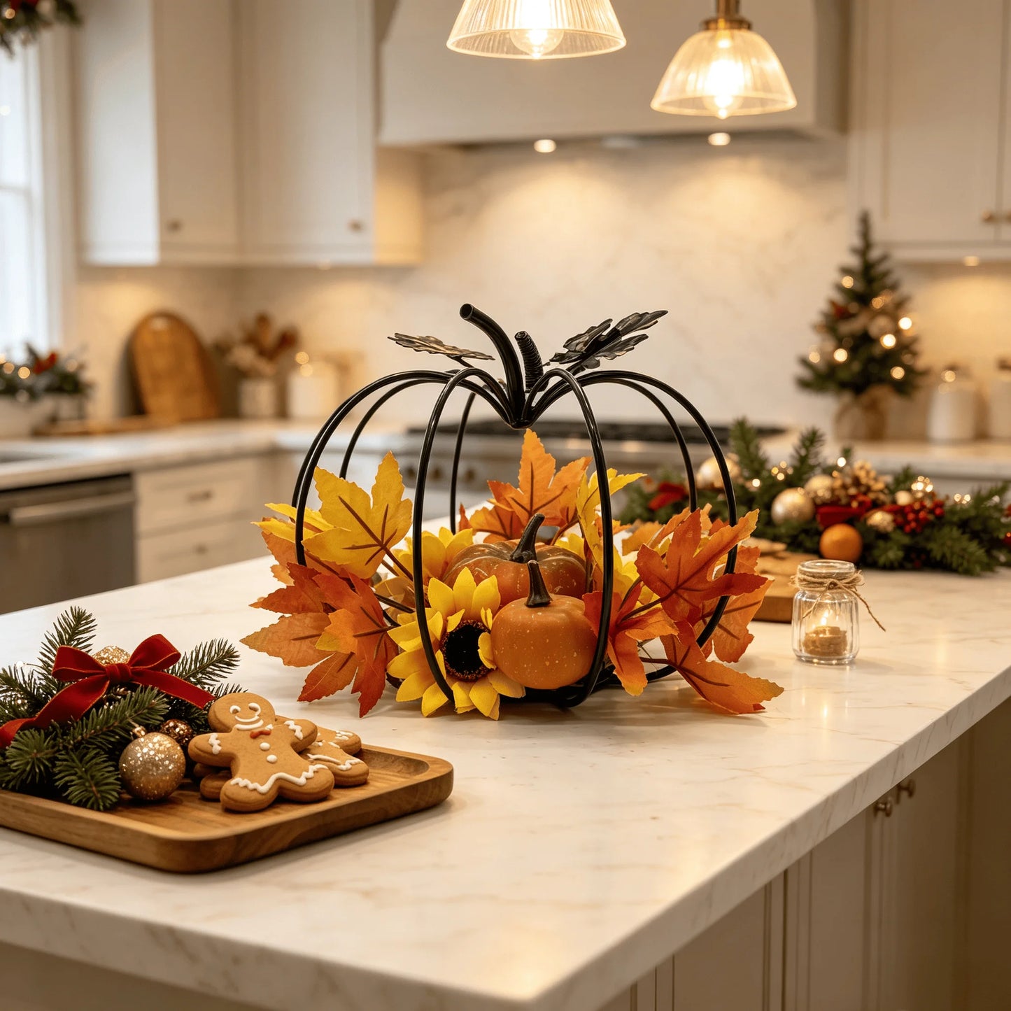 Black Iron Art Pumpkin Decoration Autumn Harvest Theme Desktop Decorations with Simulation Maple Leaf Sunflower Pumpkin for Than
