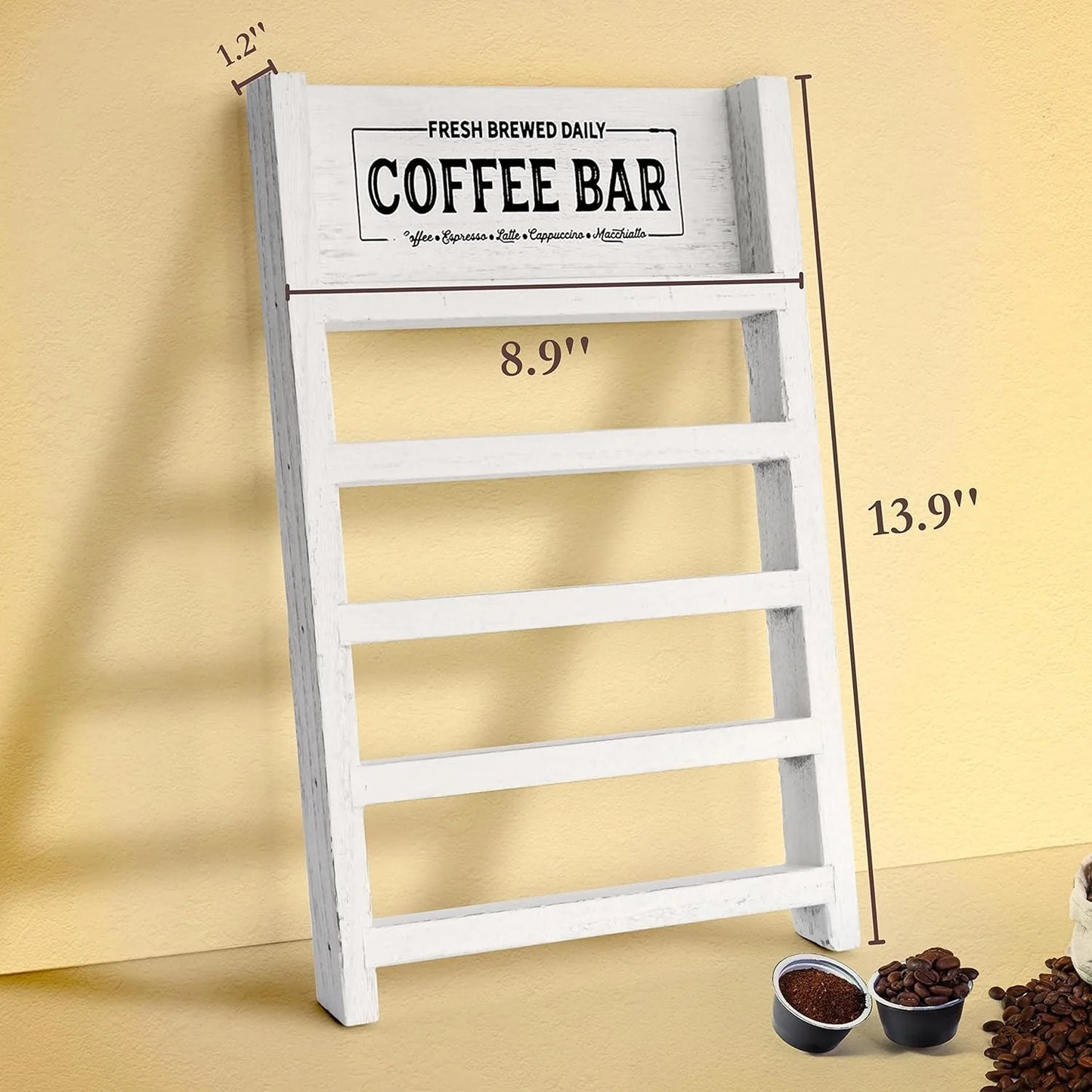 K Cup Holder, Farmhouse Coffee Pod Holder, Wooden Coffee Pod Ladder for Counter, Rustic Kcup Storage Organizer for Home Kitchen Coffee Bar Table Decor (White, Leafy Coffee Bar)